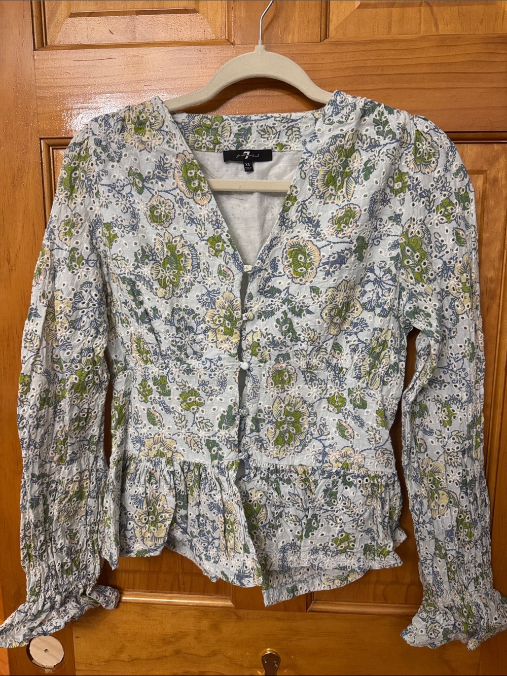 7 For All Mankind Blue and Green Floral Button-Front Peplum Blouse